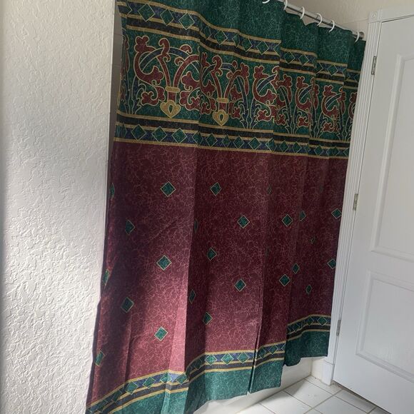 Vtg 90s Shower Curtain Y2K Springs Home Green Maroon Gold Art Deco 69" X 69" USA - Picture 1 of 6